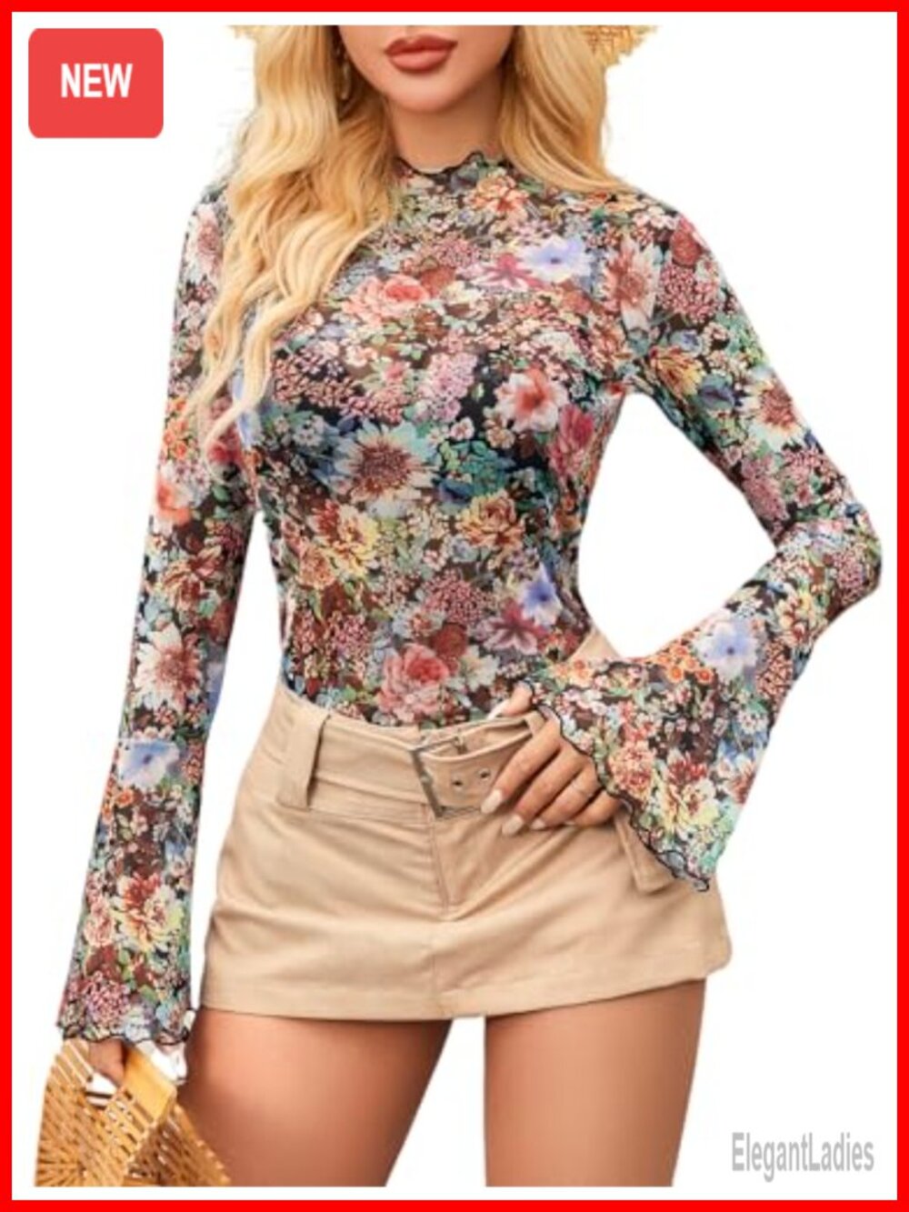 Women's Sheer Mesh Bell Sleeve Blouse Ruffled Peplum Mock Neck Top